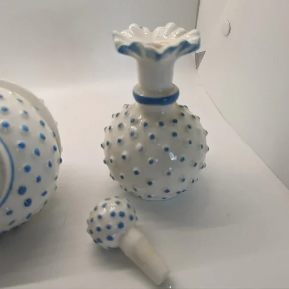 Vintage Blue & White Milk Glass Hobnail (2) Perfume + Trinket Box - Picture 12 of 12